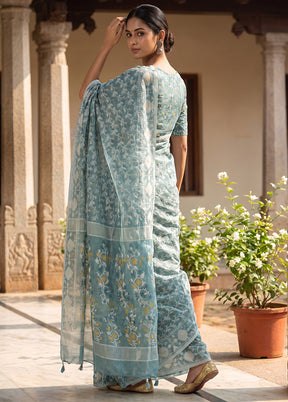 Blue Jamdani Cotton Saree Without Blouse Piece