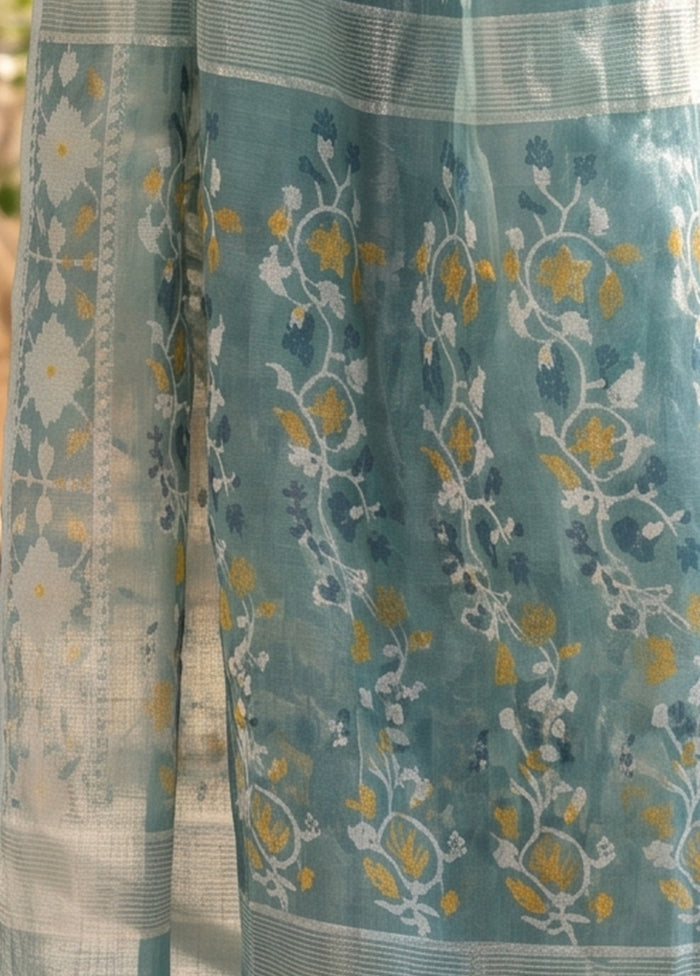 Blue Jamdani Cotton Saree Without Blouse Piece