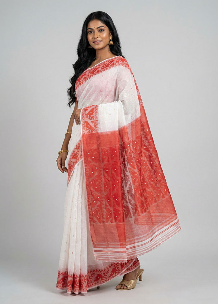 White Jamdani Cotton Saree Without Blouse Piece