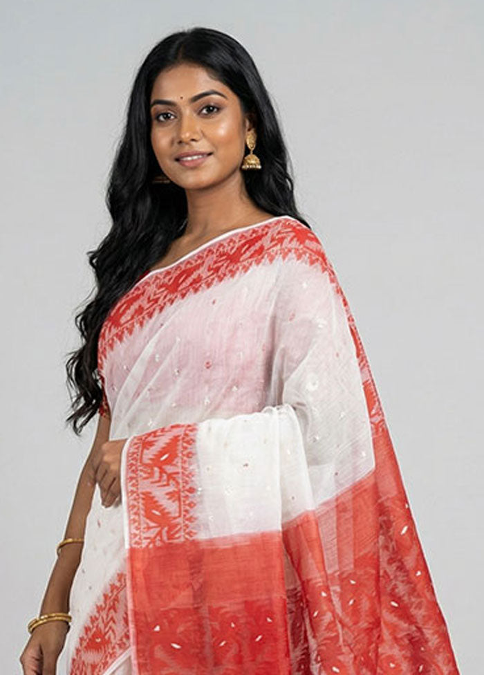 White Jamdani Cotton Saree Without Blouse Piece
