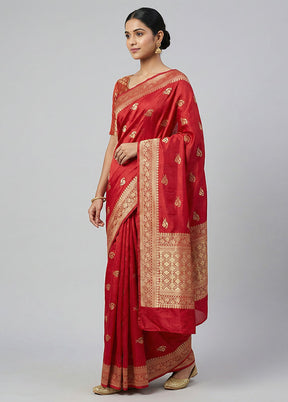 Red Dupion Silk Saree With Blouse Piece