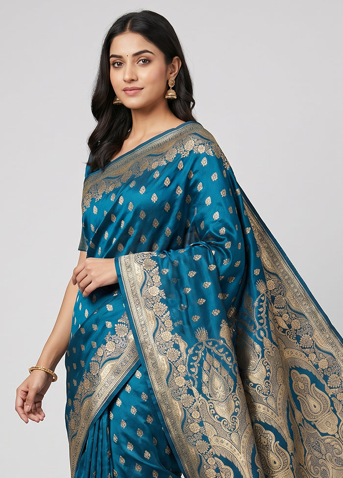 Blue Banarasi Silk Saree With Blouse Piece