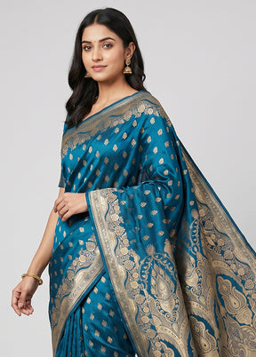Blue Banarasi Silk Saree With Blouse Piece