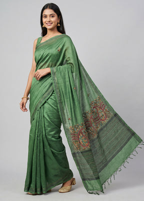 Green Tussar Silk Saree With Blouse Piece