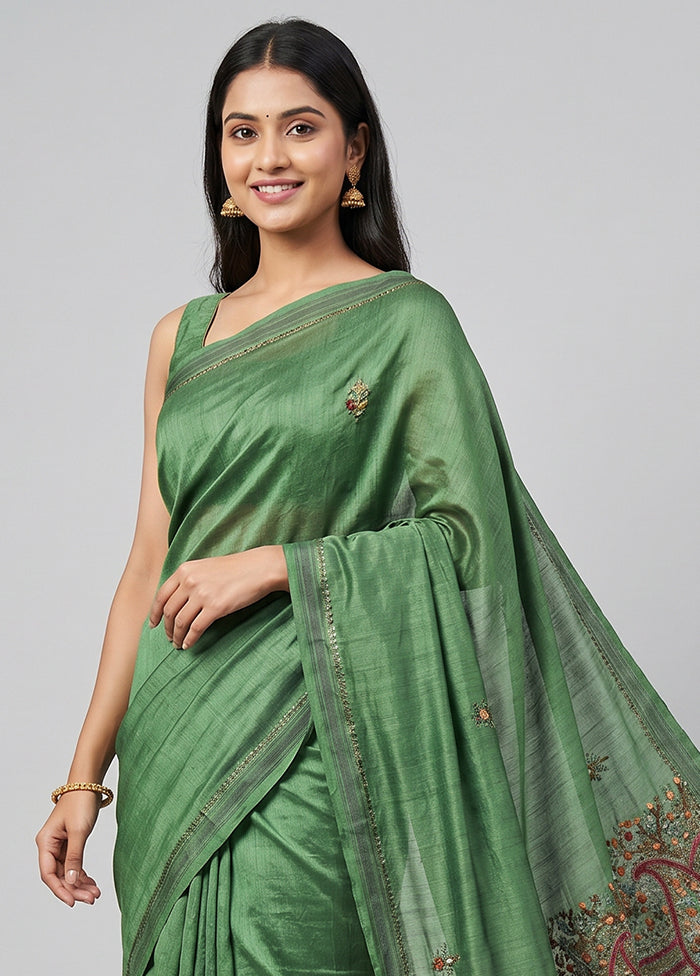 Green Tussar Silk Saree With Blouse Piece