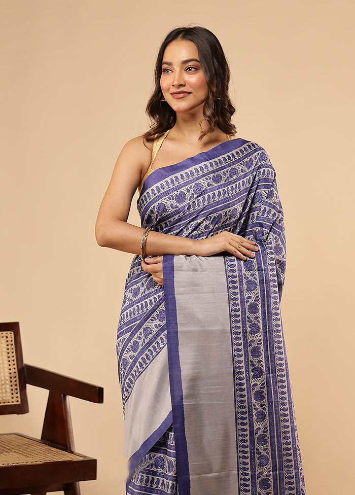 Blue Tussar Silk Saree With Blouse Piece