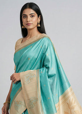 Blue Tussar Silk Saree With Blouse Piece