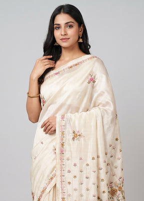 Cream Tussar Silk Saree With Blouse Piece