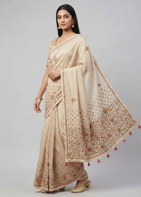 Cream Tussar Silk Saree With Blouse Piece