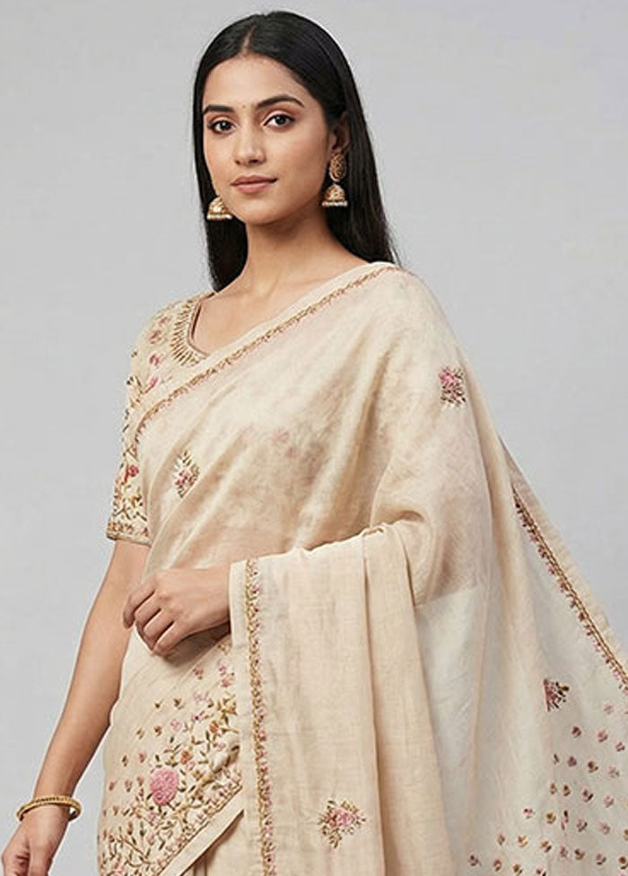 Cream Tussar Silk Saree With Blouse Piece