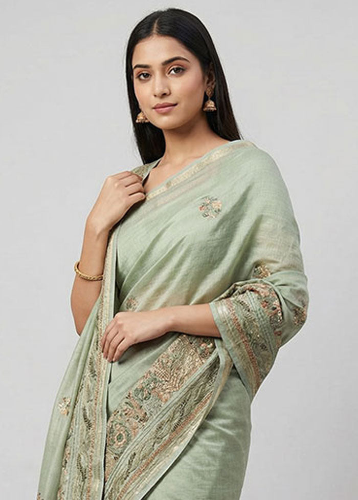 Green Tussar Silk Saree With Blouse Piece