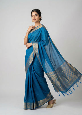 Blue Dupion Silk Saree With Blouse Piece