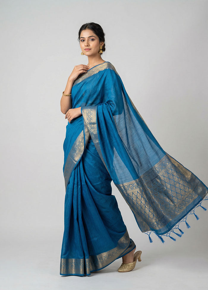 Blue Dupion Silk Saree With Blouse Piece