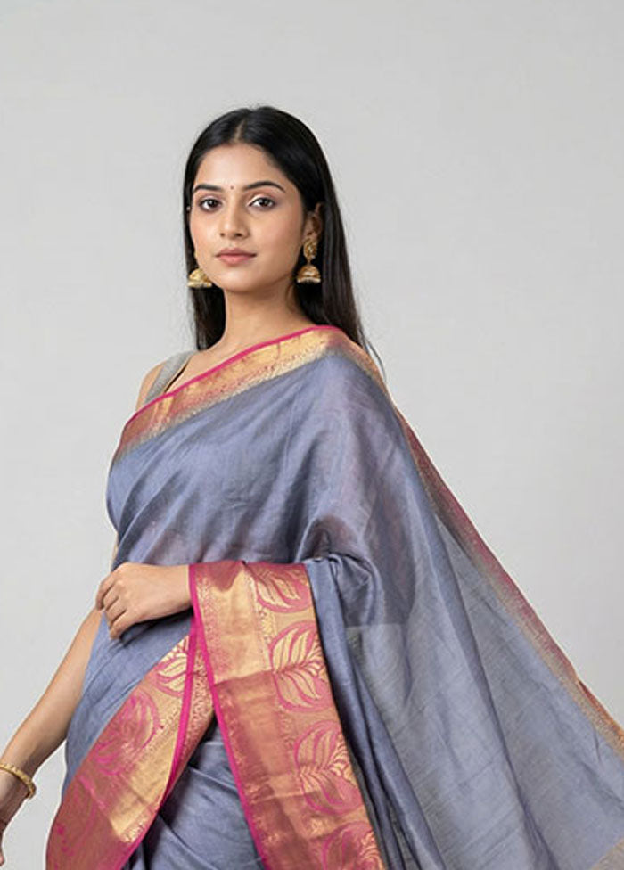 Blue Dupion Silk Saree With Blouse Piece