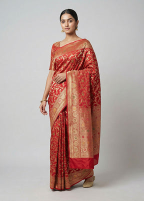 Red Dupion Silk Saree With Blouse Piece