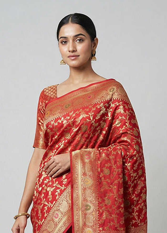 Red Dupion Silk Saree With Blouse Piece