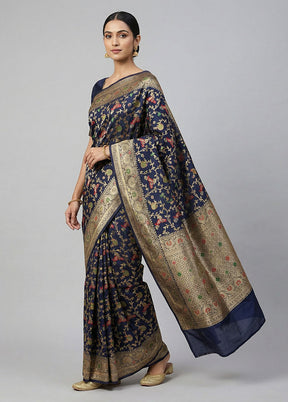Blue Dupion Silk Saree With Blouse Piece