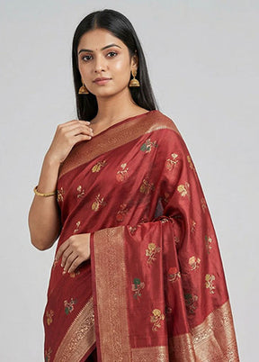 Maroon Dupion Silk Saree With Blouse Piece