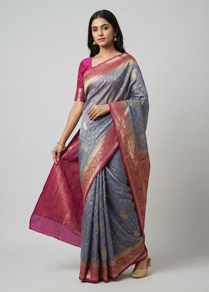 Blue Dupion Silk Saree With Blouse Piece