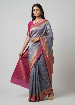 Blue Dupion Silk Saree With Blouse Piece