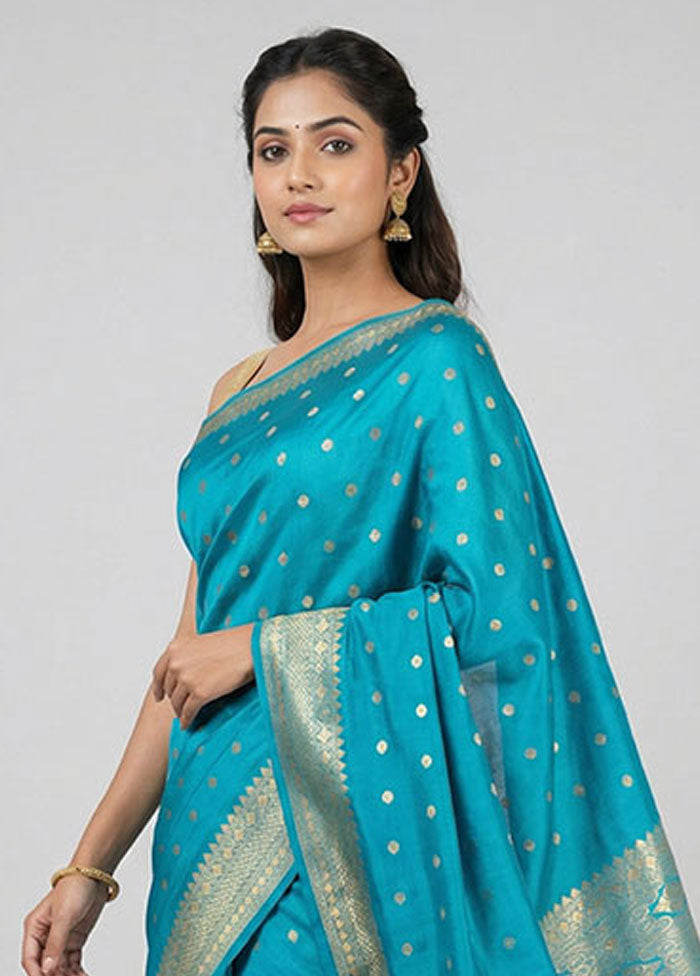 Blue Kanjivaram Silk Saree With Blouse Piece