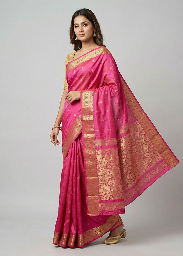 Pink Handloom Kanjivaram Pure Silk Saree With Blouse Piece