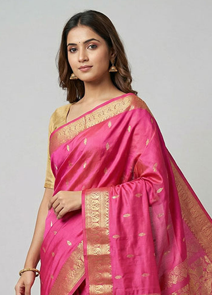 Pink Handloom Kanjivaram Pure Silk Saree With Blouse Piece