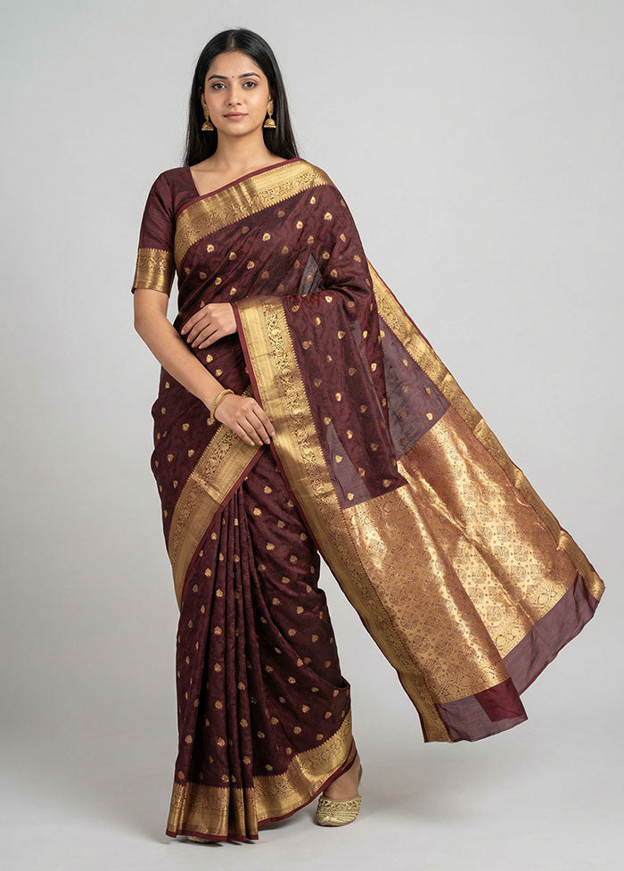 Brown Handloom Kanjivaram Pure Silk Saree With Blouse Piece