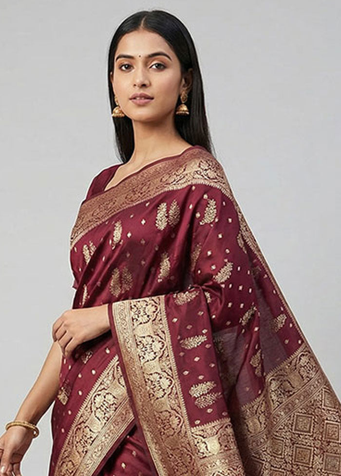Maroon Dupion Silk Saree With Blouse Piece