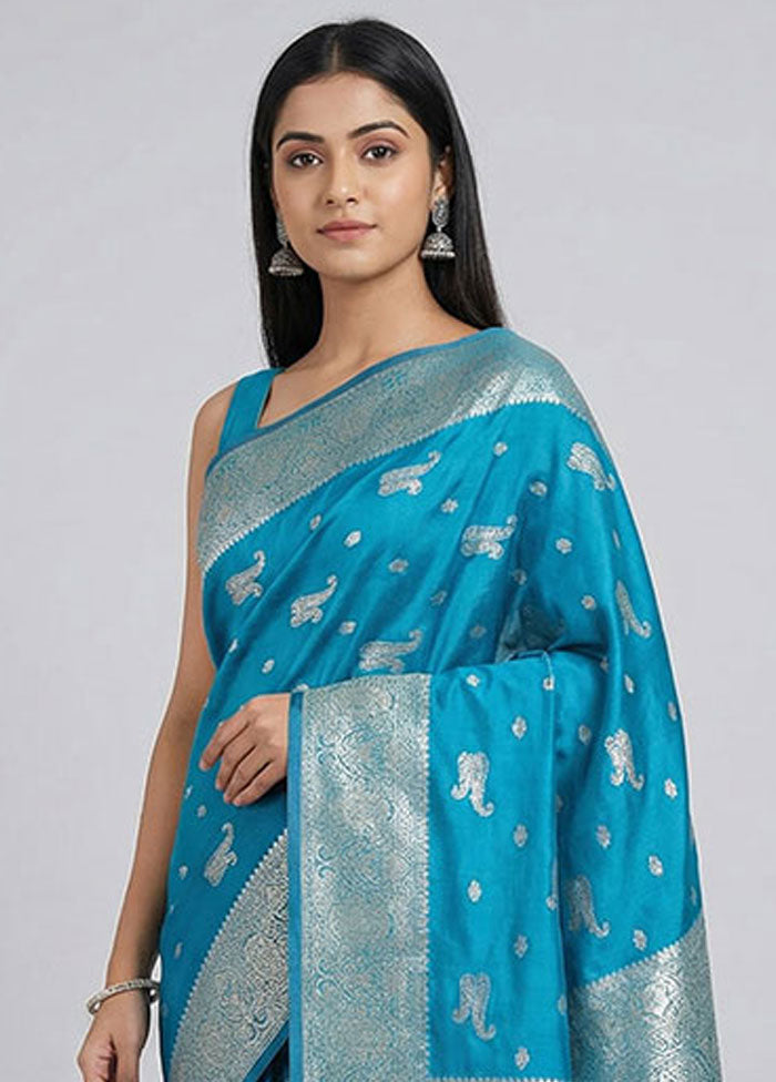 Blue Dupion Silk Saree With Blouse Piece