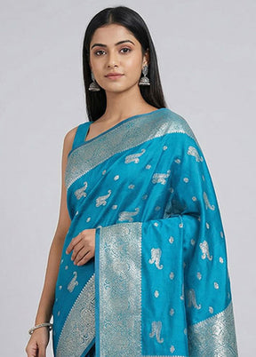 Blue Dupion Silk Saree With Blouse Piece
