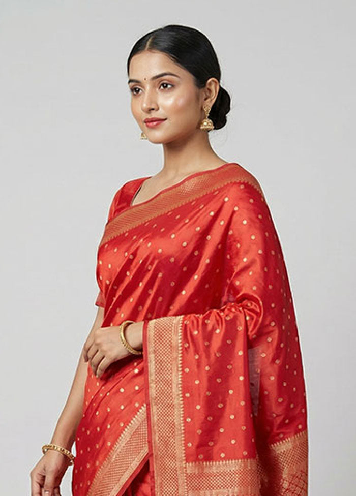 Red Dupion Silk Saree With Blouse Piece