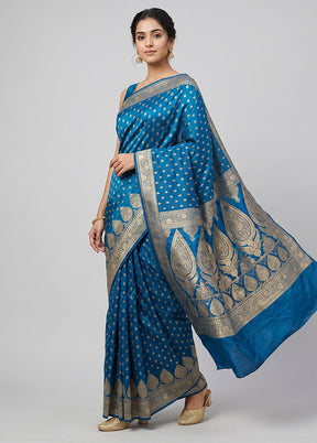 Blue Banarasi Silk Saree With Blouse Piece