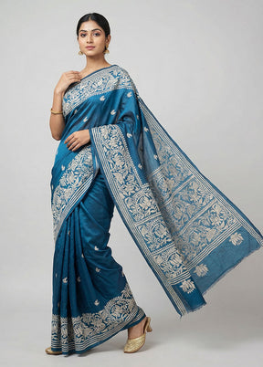 Blue Kantha Stitch Silk Saree With Blouse Piece