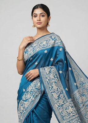 Blue Kantha Stitch Silk Saree With Blouse Piece