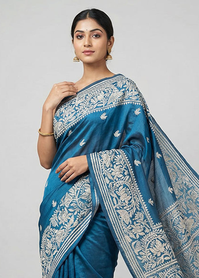 Blue Kantha Stitch Silk Saree With Blouse Piece