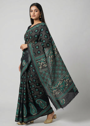 Black Kantha Stitch Silk Saree With Blouse Piece