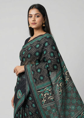 Black Kantha Stitch Silk Saree With Blouse Piece