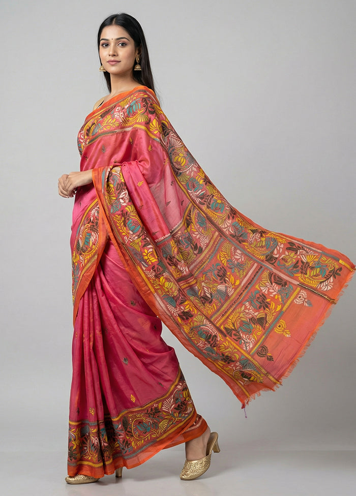 Peach Kantha Stitch Silk Saree With Blouse Piece