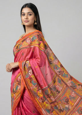 Peach Kantha Stitch Silk Saree With Blouse Piece