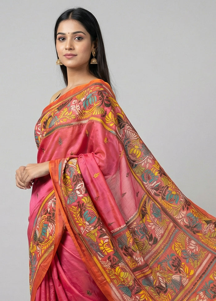 Peach Kantha Stitch Silk Saree With Blouse Piece