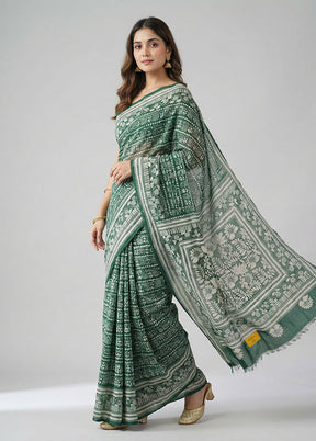 Green Kantha Stitch Silk Saree With Blouse Piece