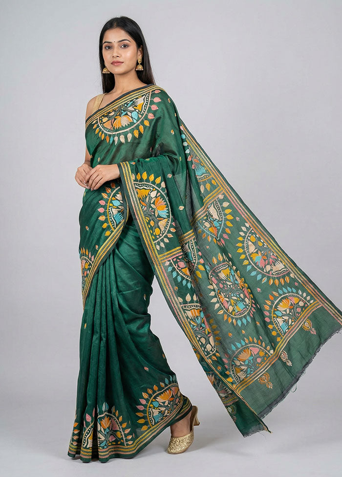 Green Kantha Stitch Silk Saree With Blouse Piece