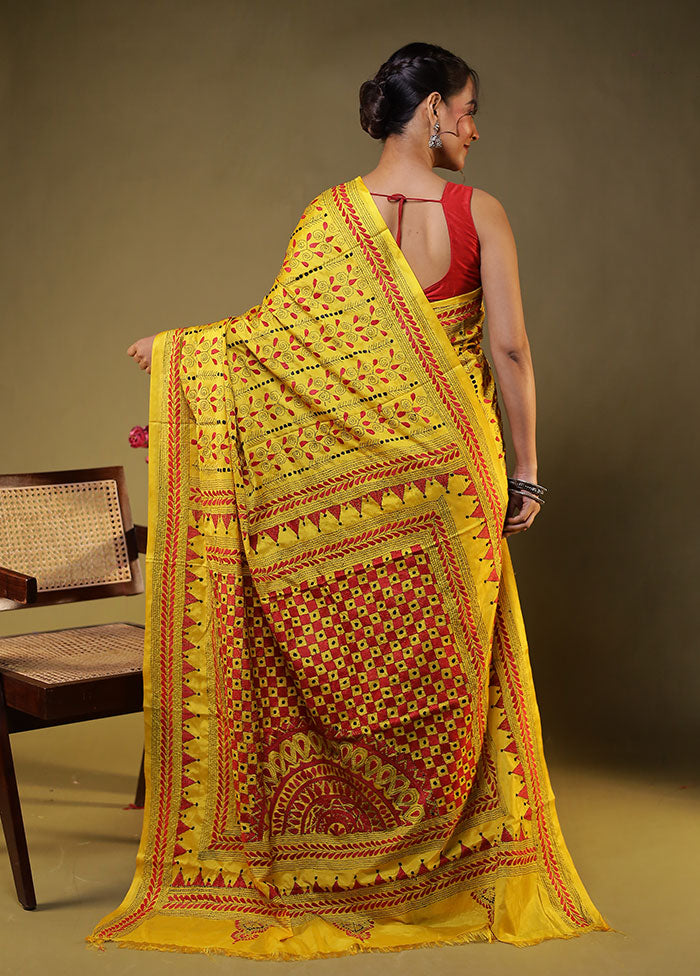 Yellow Kantha Stitch Silk Saree With Blouse Piece