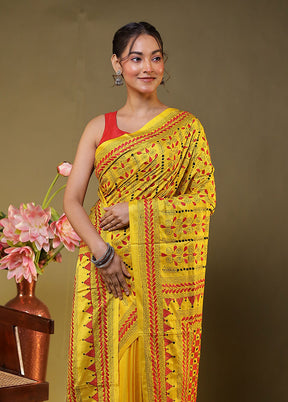 Yellow Kantha Stitch Silk Saree With Blouse Piece