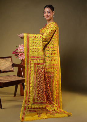 Yellow Kantha Stitch Silk Saree With Blouse Piece