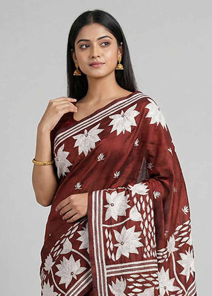 Maroon Kantha Stitch Silk Saree With Blouse Piece
