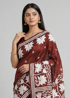 Maroon Kantha Stitch Silk Saree With Blouse Piece