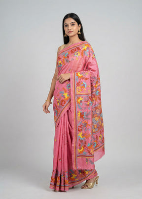 Pink Kantha Stitch Silk Saree With Blouse Piece