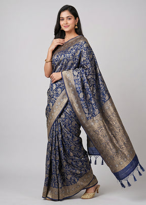 Blue Dupion Silk Saree With Blouse Piece